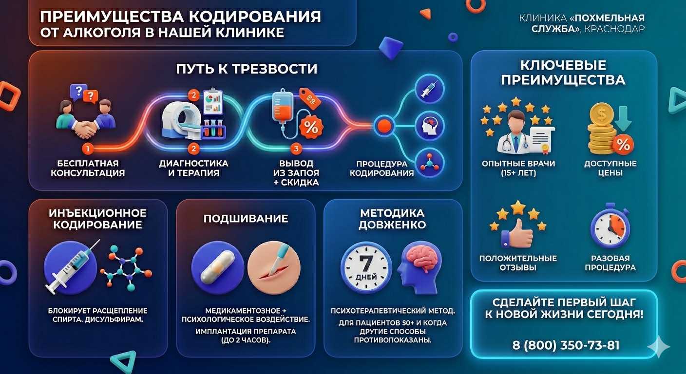 Инфографика о методах кодирования от алкоголя в Вологде: инъекции, подшивание, метод Довженко. Преимущества клиники и этапы лечения.
