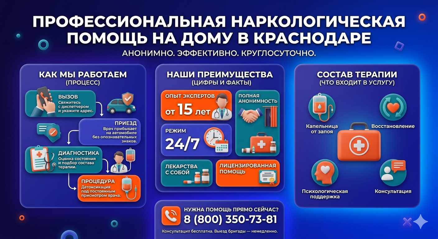 Инфографика о принципах лечения алкоголизма на дому в Вологде: этапы вызова нарколога, преимущества анонимной детоксикации и состав медицинской помощи.